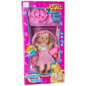 Baby doll with her stroller and accessories
