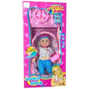 Baby doll with its stroller and accessories